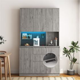 74" Kitchen Pantry Cabinet with Charging Station,Freestanding Buffet Cupboards Sideboard with Drawer,with LED Lights