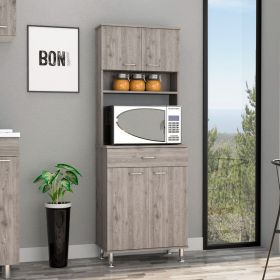 Pantry Cabinet 67" H, Four Doors, One Drawer, Three Internal Shelves, 2 External Storage Shelves, Microwave Storage Option, Four Legs, Light Gray